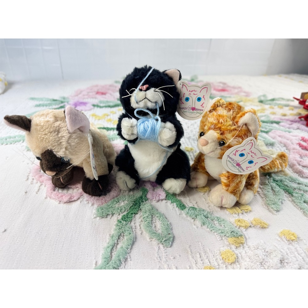 Plushland March of Dimes Cat Plush Lot Tuxedo Yarn Siamese Orange Tabby 6 inch